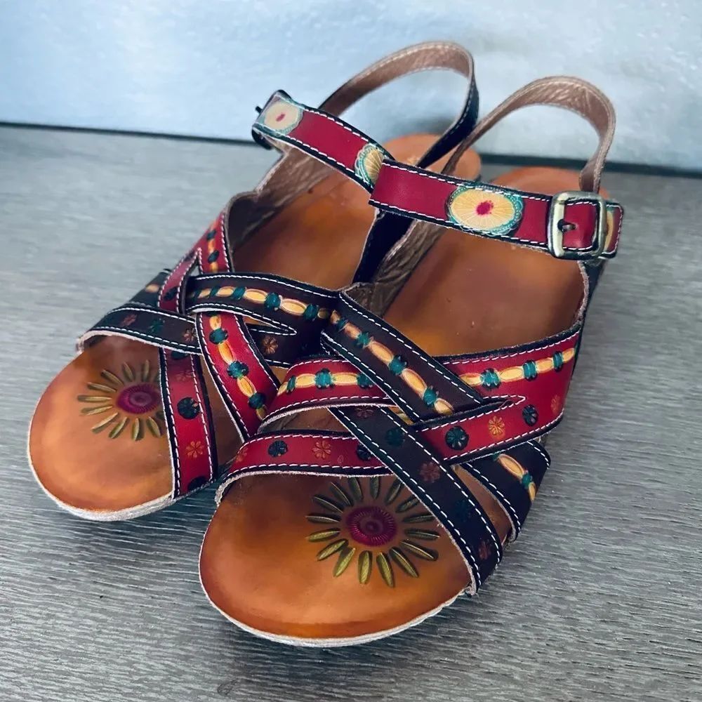 Spring Step Leather Multi Floral Design Sandals 39